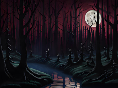 halloween background. night landscape with a spooky forest and a moon.の素材
