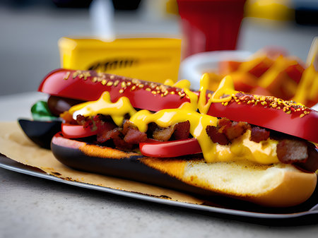 hot dog with french fries and ketchupの素材