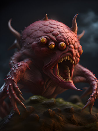 3d rendering of red monster with big black monster on dark backgroundの素材