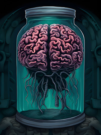 human brain inside a bottle with a jar of waterの素材