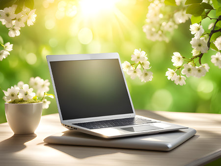 laptop with spring blossoms in the backgroundの素材