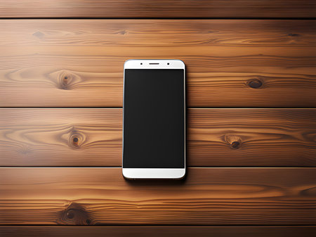 modern smartphone screen on wooden backgroundの素材