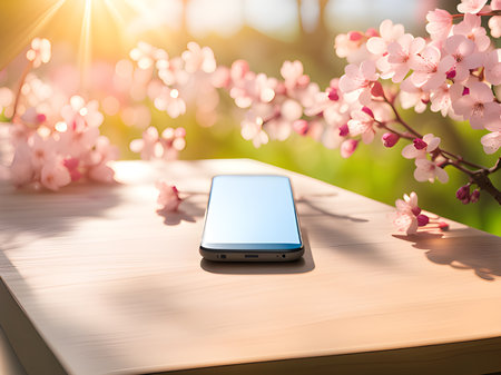 smart phone with green screen on nature background.の素材