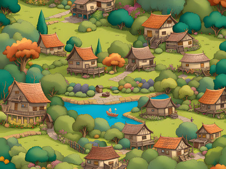 cartoon landscape with a village in the mountainsの素材