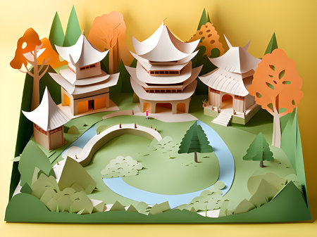 3d rendering of a beautiful chinese garden , paper cut conceptの素材