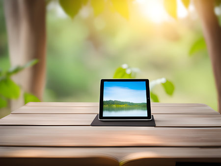 tablet computer on table against green background with blurred natureの素材