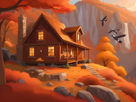 a beautiful red house with a forest in the mountains at sunset.の素材