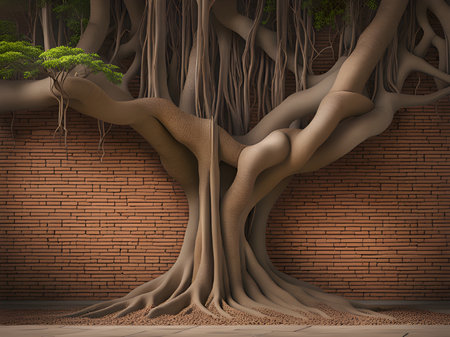 banyan tree and brick wall background 3d illustrationの素材
