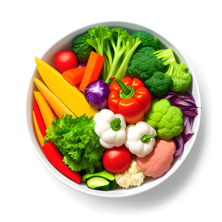 fresh vegetables and fruits on a white plate. isolatedの素材