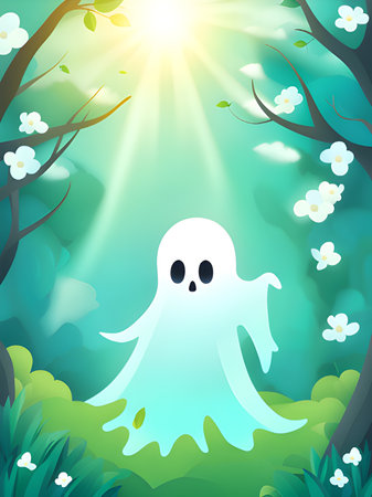 cartoon illustration of the ghost with a white flower on the groundの素材