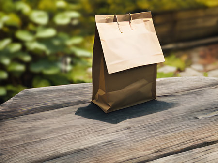 empty paper bag on a wooden tableの素材
