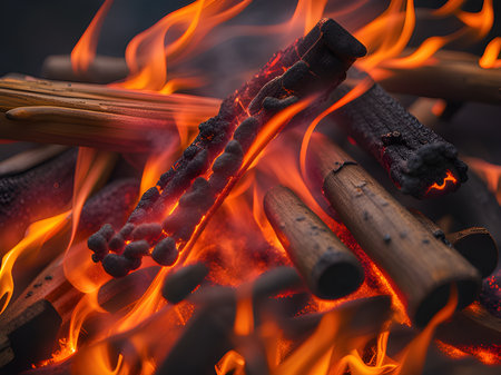 burning wood logs in a dark backgroundの素材