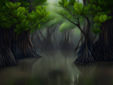 dark tropical forest with trees, dark and foggy landscapeの素材