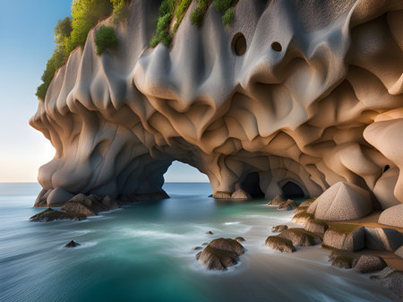 view of the sea and the rock formations of the mediterranean coast in the mediterranean, the island of mallorca, spainの素材