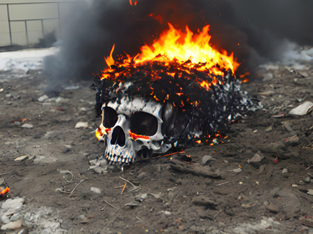 burning skull on a black background.の素材