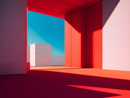 3d rendering of a red architecture and blue abstract background.の素材