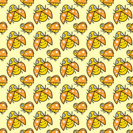 seamless pattern of cartoon bee with bees on a yellow backgroundの写真素材