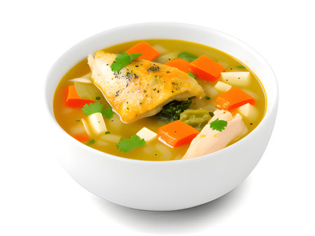 chicken soup with vegetables on a white backgroundの素材