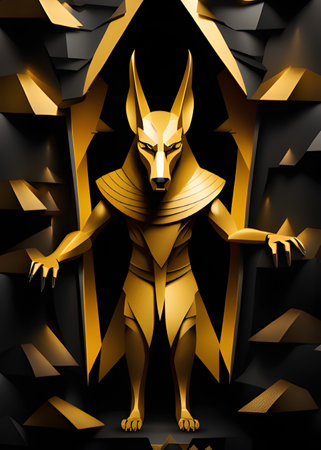 black and gold anubis god on black background. paper cutの素材