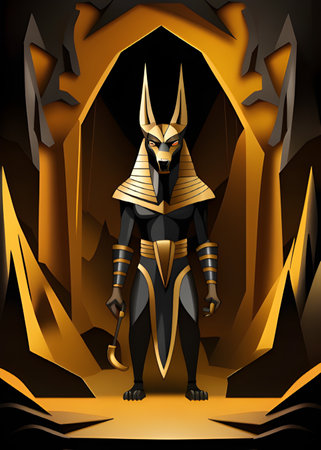 black and gold anubis god on black background. paper cutの素材