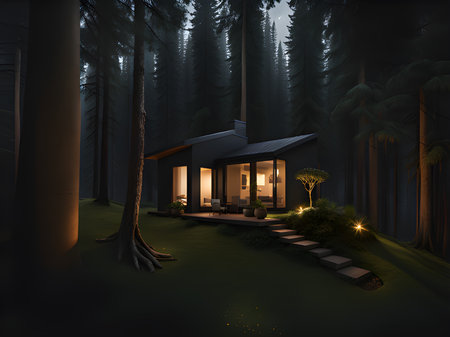 modern house in night forestの素材