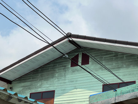 roof of a house with a blue sky and gray clouds.