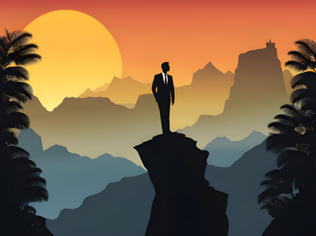 businessman silhouette on the top of mountainの素材
