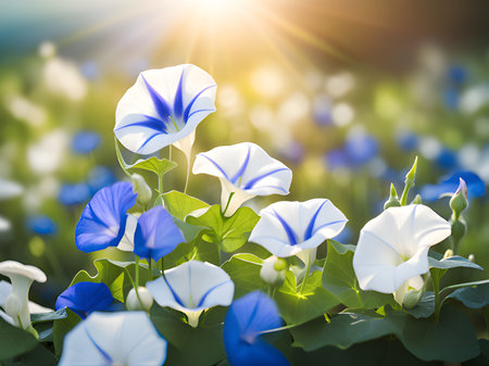 beautiful white and blue morning glory flowers in a summer garden.の素材