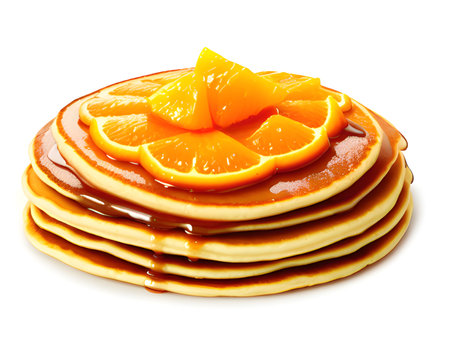 tasty pancakes with orange and jam, isolated on whiteの素材