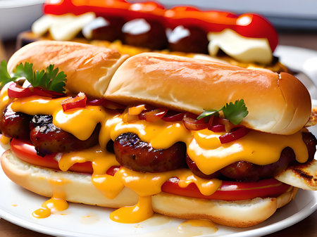 hot dog with ketchup and mustard on plate.の素材