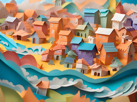 abstract city and tsunami waves background with paper cut style illustrationの素材