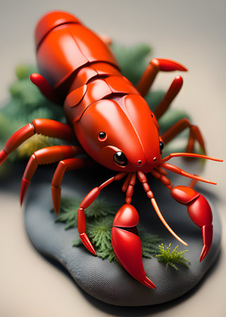 3d rendering of red crayfish on dark backgroundの素材