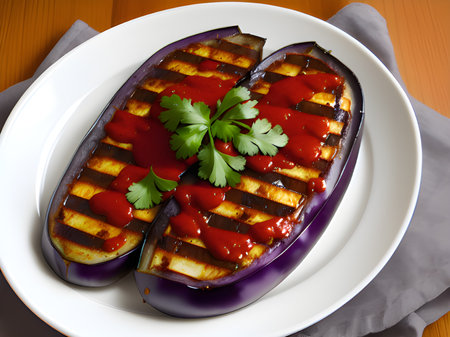 baked eggplant with sauce on dishの素材