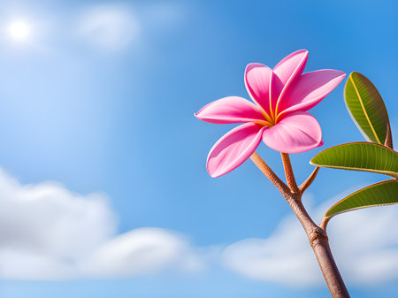 pink frangipani flower on the sky backgroundの素材