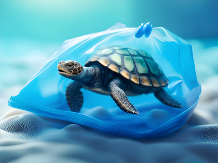 turtle in a bag on a background of the sea, the ocean. the concept of turtleの素材