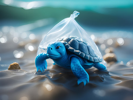 turtle in a bag on a background of the sea, the ocean. the concept of turtleの素材