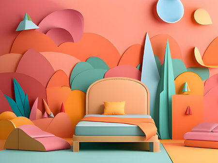 modern interior of a bedroom with a pink wall, paper cut styleの素材