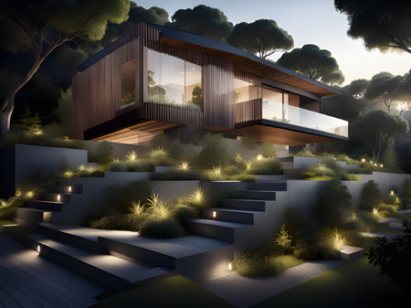 3d render of an exterior house in night with garden viewの素材