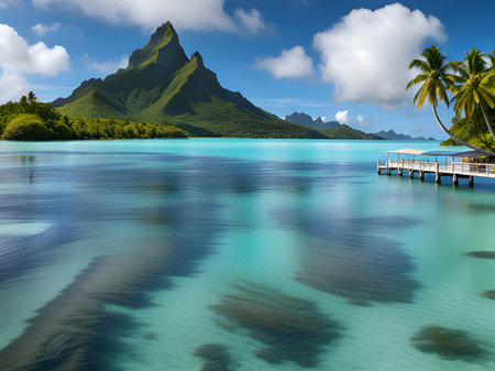 blue ocean water, clouds and mountains with blue sky.の素材