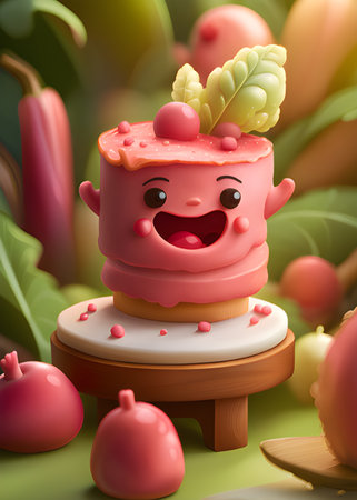 3d illustration of cute cartoon character with a pink cakeの素材