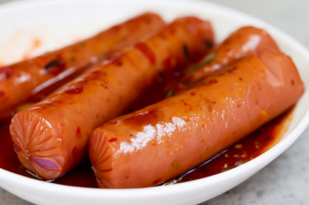grilled sausages with sauce on white dishの素材