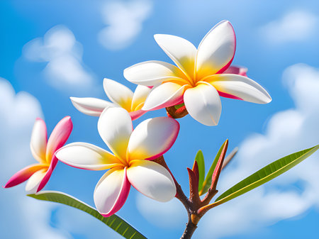 beautiful plumeria flowers on the background of the blue sky.の素材