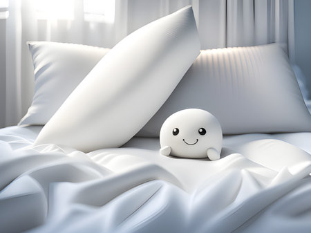 pillow with cute white bear on bed. 3d illustrationの素材