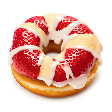 donut with red strawberry isolated on white background. top viewの素材