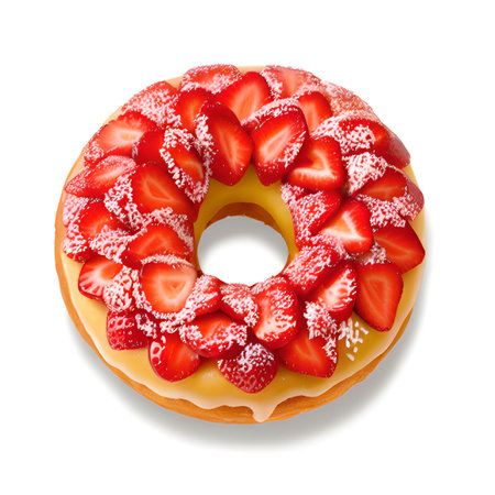 donut with red strawberry isolated on white background. top viewの素材