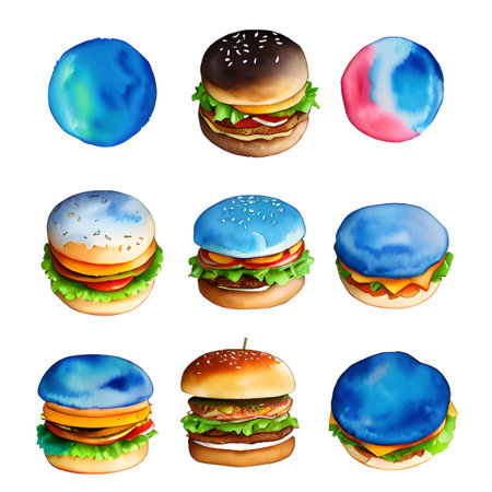 hamburger with different food and drink, watercolor style , Ai generatedの素材