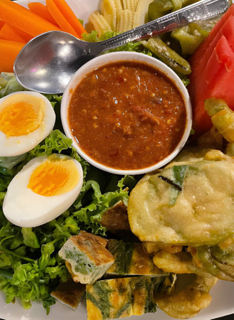 close up view of delicious asian food, Shrimp Paste Chili Paste with vegetableの写真素材