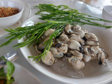 oysters and acacia leaf on white dish