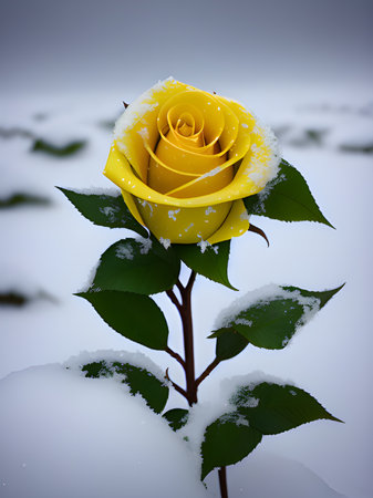 yellow rose flower with snowの写真素材