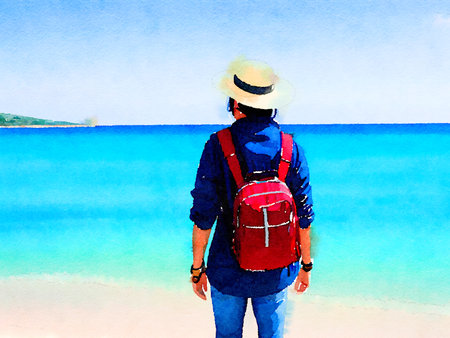 traveler on the beach , watercolor styleの写真素材